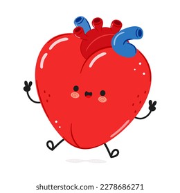 Un personaje divertido de un órgano cardíaco que salta. Caricatura dibujada a mano del vector icono de ilustración del personaje kawaii. Aislado sobre fondo blanco. Concepto de órganos del corazón