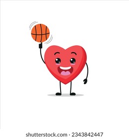 Cute and funny heart play basketball. food doing fitness or sports exercises. Happy character working out vector illustration.