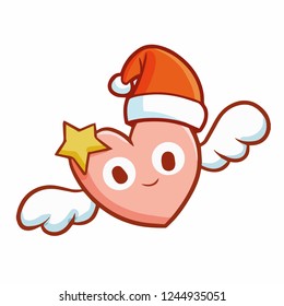 Cute and funny heart smiling with wing, and wearing Santa's hat for christmas - vector