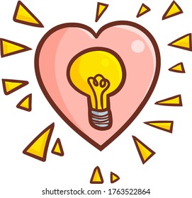 Cute and funny heart symbol filled with idea lamp