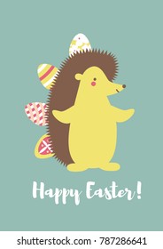 a cute  funny hedgehog carrying decorated easter eggs; Happy Easter poster or card; vector flat illustration