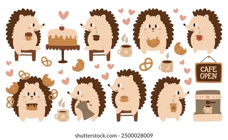 Cute funny hedgehog cartoon characters drinking coffee from cup and eating cupcakes isolated set. Little adorable prickly forest animal enjoying aroma beverage and sweet desserts vector illustration