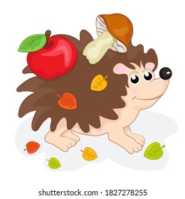 Cute funny hedgehog, cartoon hand drawing. Sweet urchin carrying apples and mushrooms on his back, forest animal with needles isolated on white background, child picture, print. Vector illustration