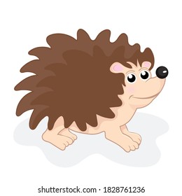 Cute funny hedgehog, cartoon hand drawing. Sweet urchin forest animal with needles isolated on white background, child picture, print. Vector illustration