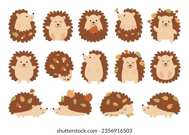 Cute funny hedgehog cartoon wild forest animal kawaii character carrying autumn harvest on needles, showing happy emotion, sitting, playing, sleeping in various poses isolated vector illustration set