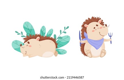Cute funny hedgehog character activities set. Adorable baby animal sleeping among grass and eating with fork and knife cartoon vector illustration