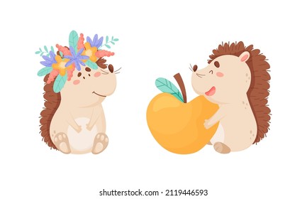 Cute funny hedgehog character activities set. Adorable baby animal holding apple cartoon vector illustration