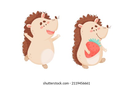 Cute funny hedgehog character activities set. Adorable baby animal having fun and holding strawberry cartoon vector illustration