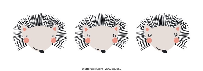 Cute funny hedgehog faces illustrations set. Hand drawn cartoon character. Scandinavian style flat design, isolated vector. Kids print element, poster, card, wildlife, nature, baby animals