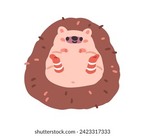 Cute funny hedgehog. Happy kawaii forest animal wearing warm wool socks on feet. Adorable sweet baby character in winter. Childish kids flat vector illustration isolated on white background