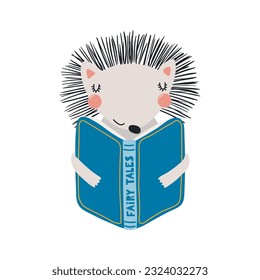 Curioso hedgehog leyendo la ilustración del personaje de caricatura del libro. Diseño plano de estilo escandinavo dibujado a mano, vector aislado. Elemento de impresión infantil, amante de los libros, educación, literatura, biblioteca, librería