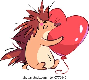 Cute funny hedgehog sits and fondly hugs a red balloon and smiles