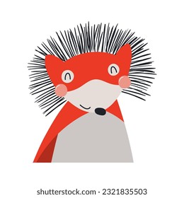 Cute funny hedgehog superhero in costume cartoon character illustration. Hand drawn Scandinavian style flat design, isolated vector. Kids print element, cool, brave animal, comic book super hero