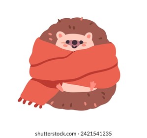 Cute funny hedgehog wrapped in warm scarf. Happy smiling kawaii forest animal in cold winter weather. Adorable sweet kids character. Childish flat vector illustration isolated on white background