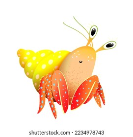 Cute Funny Hermit Crab Hand Drawn Illustration for Children  Underwater crustacean character  colorful drawing marine shellfish  Adorable hermit crab vector isolated clipart cartoon 