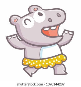 Cute and funny hippo dancing and laughing happily - vector.