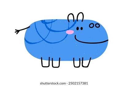 Cute funny hippo in doodle geometric kids style. Adorable kawaii baby character. Smiling hippopotamus. Wild fauna, childish colored flat graphic vector illustration isolated on white background