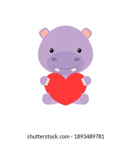 Cute funny hippo with heart on white background. Cartoon animal character for congratulation with St. Valentine day, greeting card, invitation, wall decor, sticker. Colorful vector stock illustration.