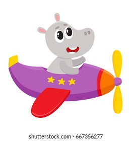Cute funny hippo pilot character flying on airplane, cartoon vector illustration isolated on white background. Little baby hippo pilot, animal character flying in open airplane