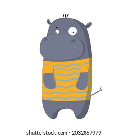 cute funny hippo in t-shirt, vector clipart, children's funny illustration with cartoon character