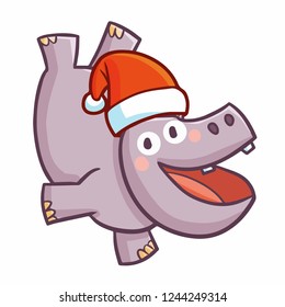 Cute and funny hippo wearing Santa's hat for christmas, and doing acrobatic pose - vector