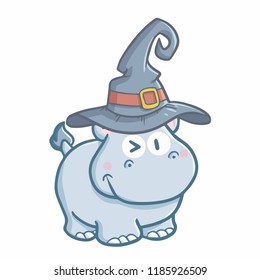 Cute and funny Hippo wearing witch hat for Halloween - vector.