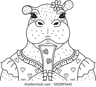 Cute funny hippopotamus holding glass drinking smoothie or cocktail design for coloring book, sublimation 