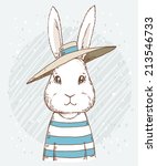 Cute funny hipster rabbit in hat on abstract background