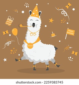 Cute funny holiday lama cartoon alpaca birthday boy mascot. LLama animal hand drawn vector 