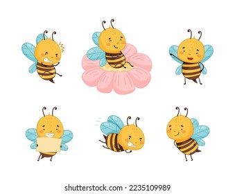 Cute funny honey bee in everyday activities set. Beekeeping and apiculture cartoon vector illustration