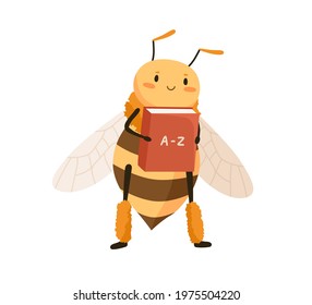 Cute funny honey bee holding school ABC-book. Happy adorable honeybee studying with dictionary. Smart insect character. Childish colored flat vector illustration isolated on white background