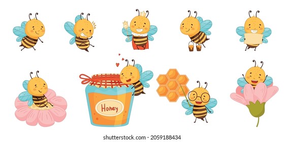 Cute funny honey bees set. Beekeeping and apiculture cartoon vector illustration