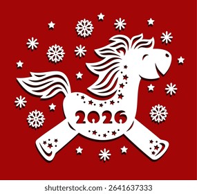 Cute funny horse. Symbol of Chinese New Year 2026. White pony on red background with snowflakes.Template for plotter laser cutting of paper, fretwork, wood carving, metal engraving, cnc. Vector image.