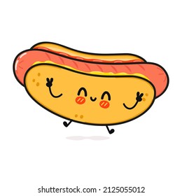 Un gracioso personaje de hot dog. Caricatura dibujada a mano del vector icono de ilustración del personaje kawaii. Fondo blanco aislado. El concepto de personaje de perros calientes es emoji, niño, adorable, niños, hotdog, comida, comida rápida, comer