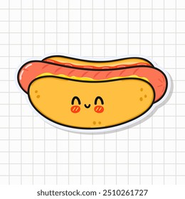 Linda pegatina divertida del perro caliente. Icono de ilustración de personaje kawaii de dibujos animados dibujado a mano de Vector. Aislado sobre fondo. Concepto de personaje de tarjeta de perro caliente