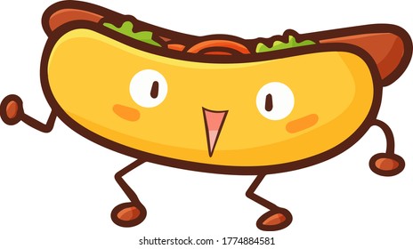 Cute and funny hot dog walking happily