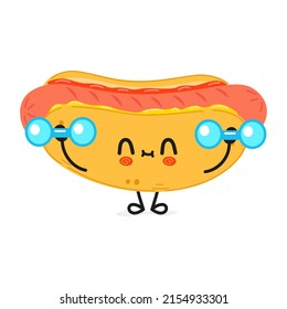Cute funny hotdog character with dumbbells. Vector hand drawn cartoon kawaii character illustration icon. Isolated on white background. Happy hotdog character gym concept
