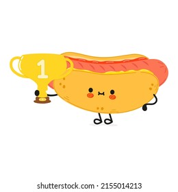 Cute Funny Hotdog Hold Gold Trophy Cup. Vector Hand Drawn Cartoon Kawaii Character Illustration Icon. Isolated On White Background. Happy Hot Dog With Winner Trophy Cup