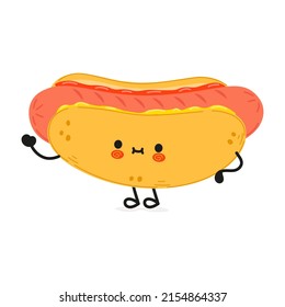 Cute funny hotdog waving hand character. Vector hand drawn cartoon kawaii character illustration icon. Isolated on white background. Happy hotdog character concept