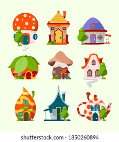 Cute funny houses  Magic fairytale buildings leprechaun room elf forest castles vector cartoon pictures