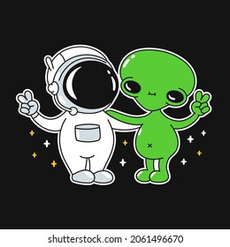 Cute funny human astronaut and green alien show peace gesture . Vector doodle line cartoon kawaii character illustration icon. Astronaut,alien,cosmos,space best friends cartoon mascot concept