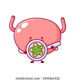 Carácter gracioso de órgano humano de vejiga, mira el virus. Dibujo de línea plana vectorial kawaii icono de ilustración de personaje. Aislado sobre fondo blanco. Bandera con el concepto de mascota de caracteres faciales