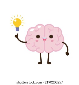 Cute funny human brain character with with light bulb , Vector illustration kawaii icon design Isolated on white background