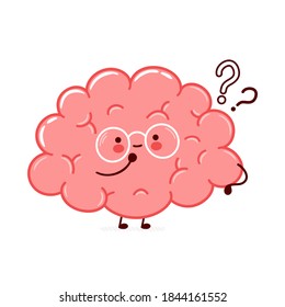 Cute funny human brain organ character with question marks. Vector flat line cartoon kawaii character illustration icon. Isolated on white background. Brain organ think character concept