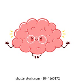 Cute funny human brain organ meditate character.Vector flat hand line cartoon kawaii character illustration icon. Isolated on white background. Brain organ relax,calm mood character meditation concept