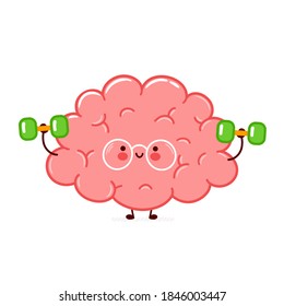 Cute Funny Human Brain Organ Character Make Gym With Dumbells. Vector Flat Line Cartoon Kawaii Character Illustration Icon. Isolated On White Background. Brain Organ Character Concept