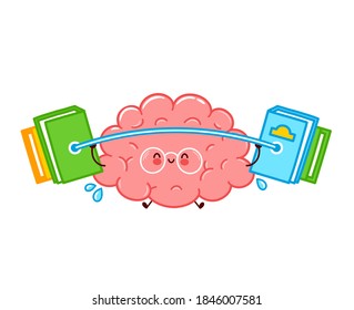 Cute funny human brain organ character hold barbell with books. Vector flat line cartoon kawaii character illustration icon. Isolated on white background. Brain organ train character concept