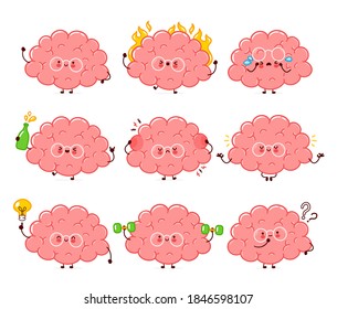 Cute funny human brain organ character set collection. Vector flat line cartoon kawaii character illustration icon. Isolated on white background. Brain organ character bundle concept