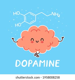 Cute Funny Human Brain Organ Character And Dopamine Formula. Vector Hand Drawn Cartoon Kawaii Character Illustration Icon. Brain, Dopamine Cartoon Character Medical Concept