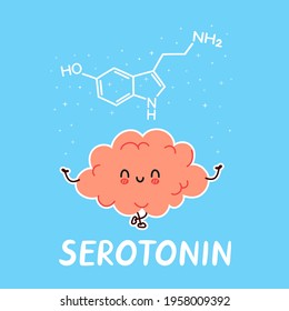 Cute funny human brain organ character and serotonine formula. Vector hand drawn cartoon kawaii character illustration icon. Brain medical chemistry, serotonine cartoon character concept